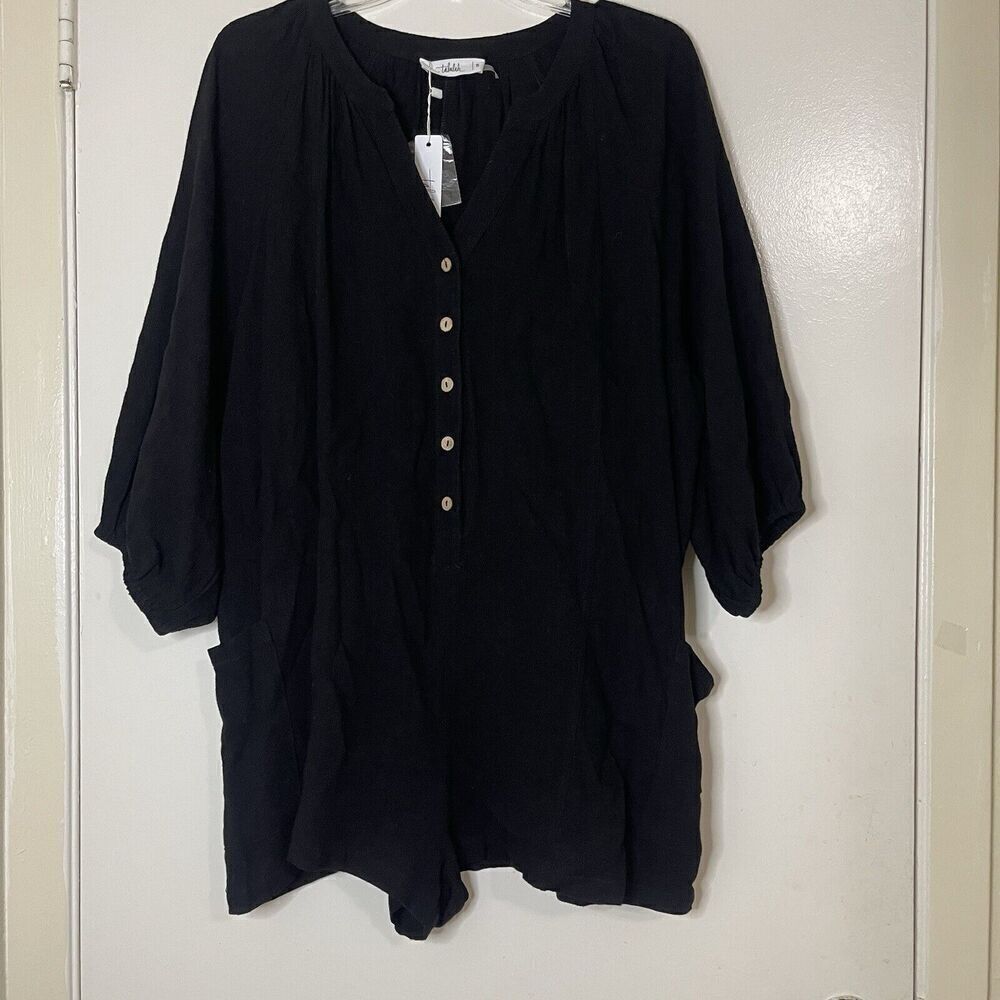 NEW! Aritzia Talulah Black linen blend button front romper with pockets Small